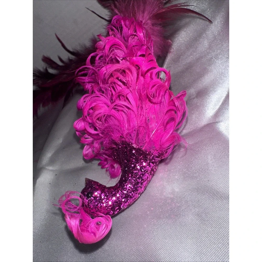 Pink Purple Glitter Peacock Feather Christmas Ornament Clip On Long Tail 16 Inch